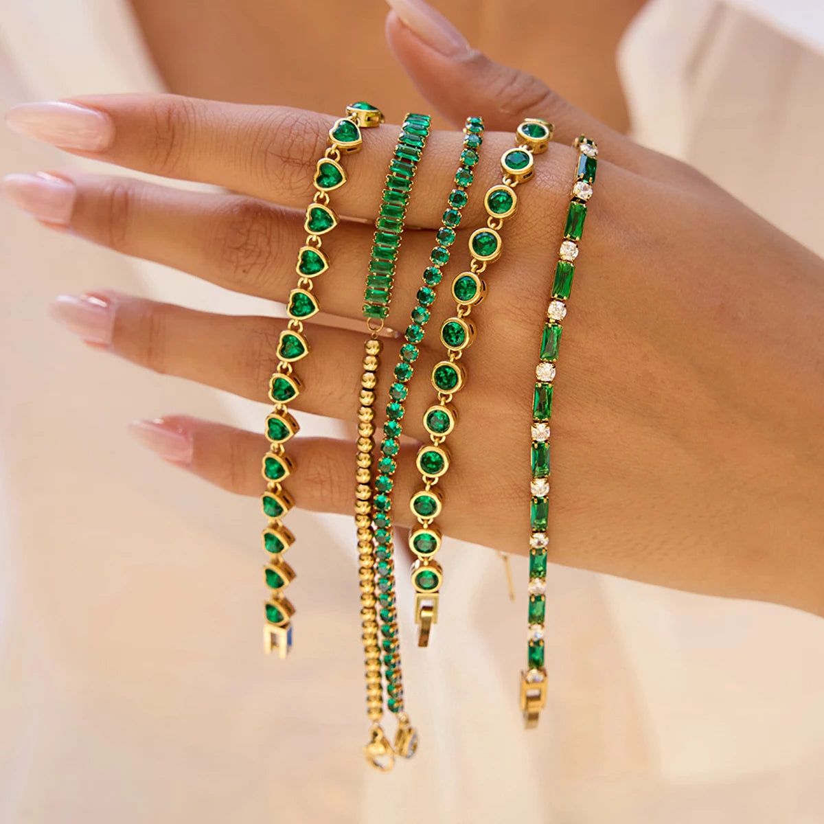 Gold Plated Emerald Green Bracelet Set for Women | Waterproof & Tarnish-Free Stackable Jewelry