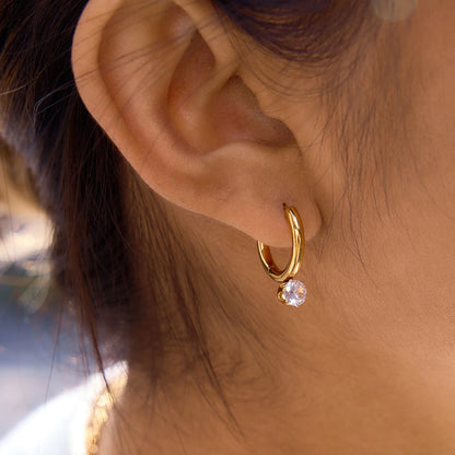 18K Gold Plated Huggie Hoop Earrings with Solitaire CZ Drop | Waterproof Round Brilliant Crystal Dangle Hoop Earrings | Minimalist Diamond Style Earrings