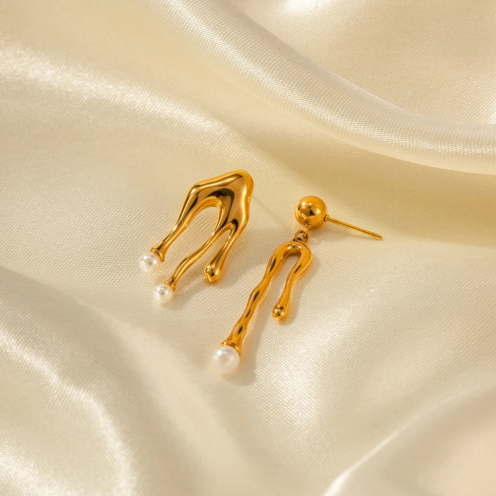 Abstract Pearl Drop Earrings for Women | 18K Gold Plated Waterproof Tarnish-Free Statement Earrings