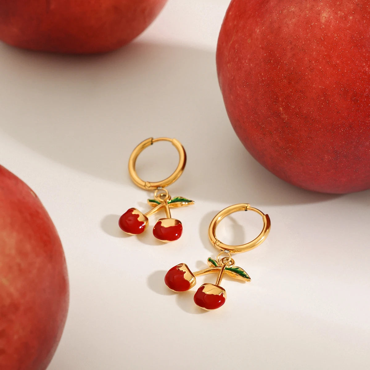 18K Gold Plated Cherry Hoop Earrings for Women – Waterproof Tarnish Free Stainless Steel Fruit Charm Jewellery