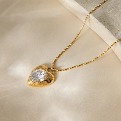 18K vergulde Puffy Heart CZ Hanger Ketting | Waterdichte Ovale Kristallen Hart bedel Ketting met balletjes | Subtiele Romantische Gouden Ketting