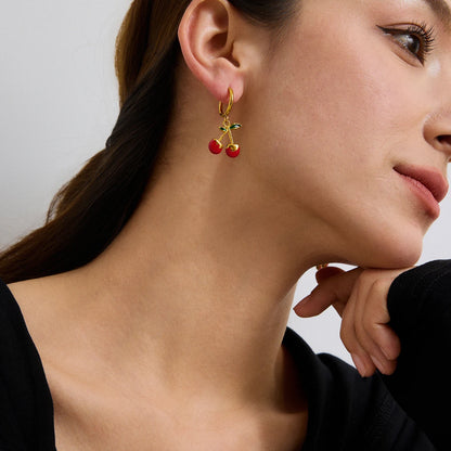 18K Gold Plated Cherry Hoop Earrings for Women – Waterproof Tarnish Free Stainless Steel Fruit Charm Jewellery