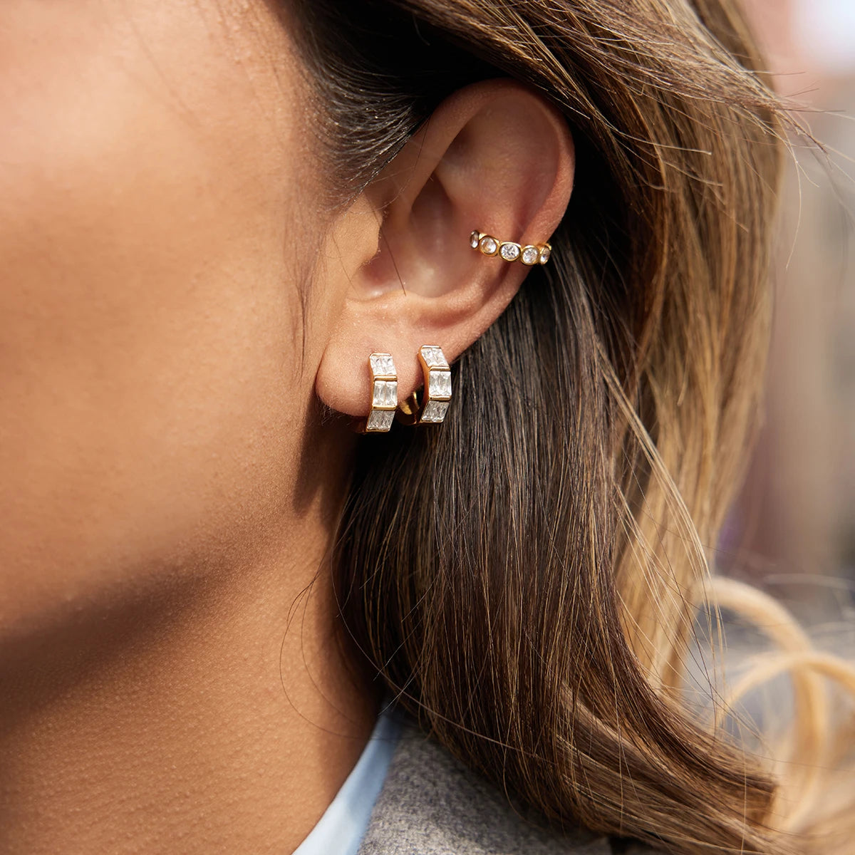 18K Gold Plated Baguette CZ Huggie Hoop Earrings | Waterproof Double Row Channel Set Crystal Earrings | Diamond Style Chunky Hoop Earrings