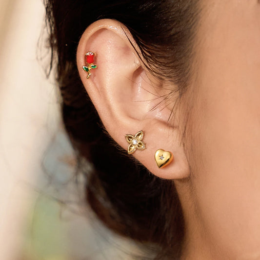Gold Plated Stud Earrings Set for Women – Waterproof Tarnish Free Stainless Steel Floral, Heart & Rose Design Jewellery (3 Pairs)