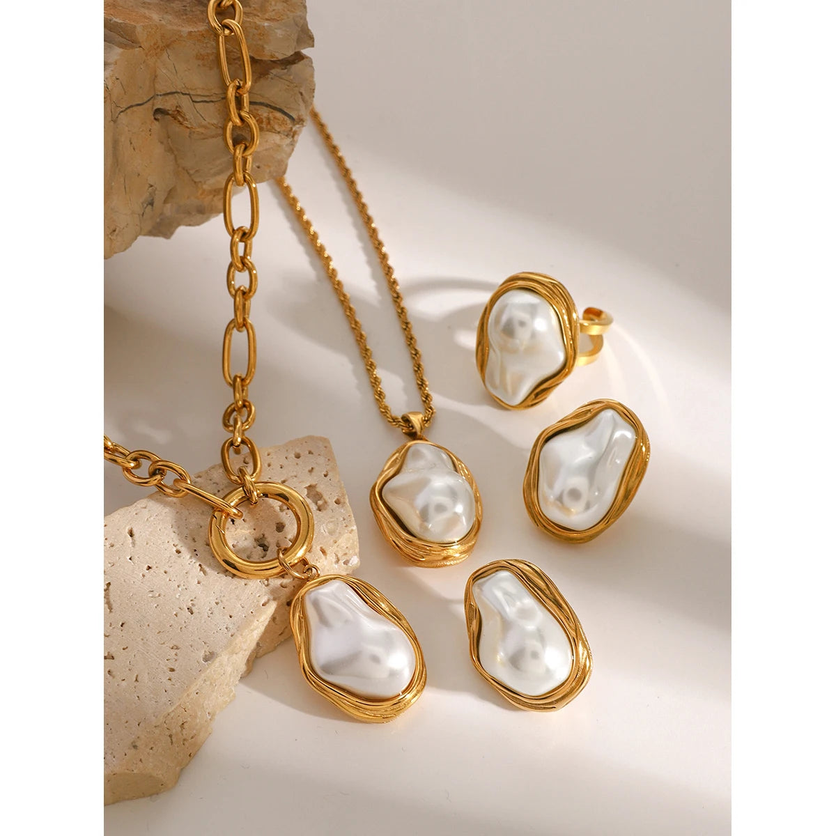 Premium 18K Gold Plated Pearl Necklace, Earrings & Ring Set for Women – Waterproof & Tarnish-Free Luxury Jewellery & Jewelry
