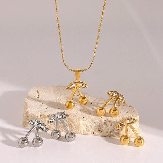 18K vergulde kersenketting & oorbellen set – waterdichte & aanslagvrije sieraden voor dames