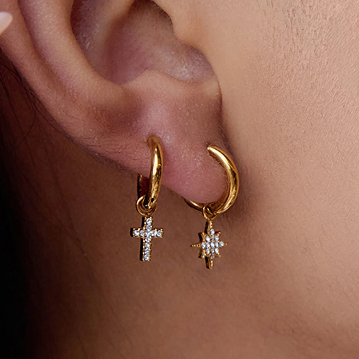 Cherry, Cross & Star Charm Huggie Hoop Earrings for Women – Gold Plated Waterproof Tarnish Free Stainless Steel Jewellery