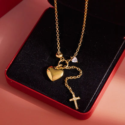 18K Vergulde Hart & Kruis Lariat Y-Ketting | Waterdichte Opgezwollen Hart & Pavé Kruis Hanger Halsketting | Verfijnde Spirituele Gouden Ketting
