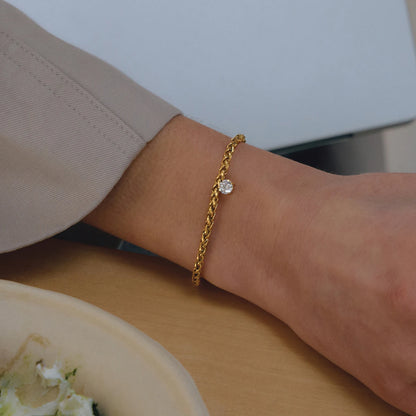 18K Gold Plated Wheat Chain Bracelet with Solitaire CZ | Waterproof Braided Rope Chain Bracelet | Dainty Diamond Style Gold Bracelet