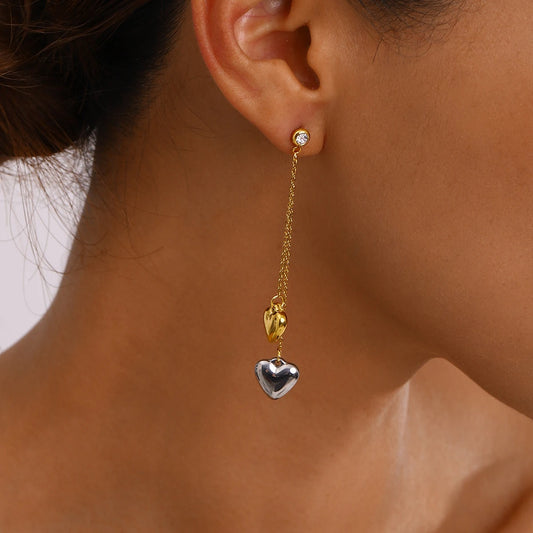Two-Tone Heart Drop Earrings for Women | 18K Gold Plated Waterproof Tarnish-Free Dangle Earrings