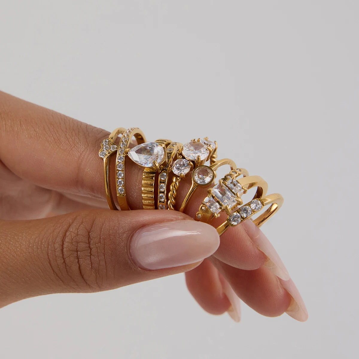 18K Gold Plated Crystal Ring Set of 6 | Waterproof Stackable Ring Stack | CZ Diamond Style Gold Ring Collection
