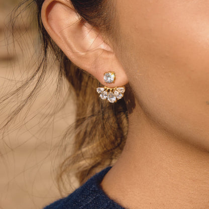 18K Vergulde CZ Ear Jacket Oorbellen | Waterdichte Ronde Stud met Peergeslepen Waaier Drop Jacket | Diamant Stijl Bruidsoorbellen