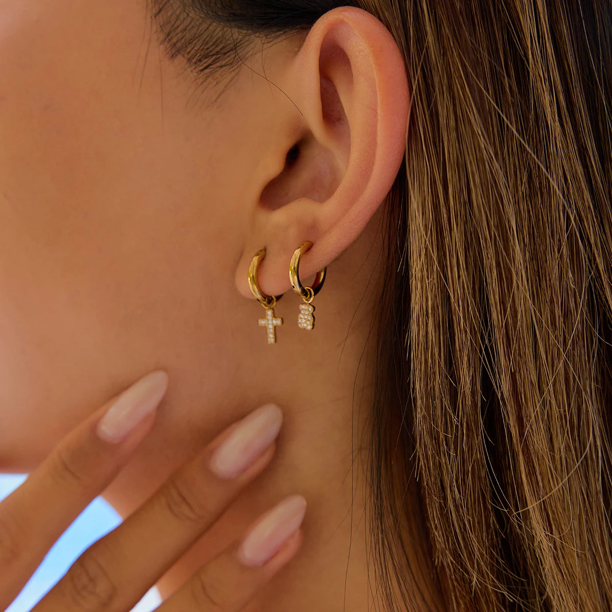 Cherry, Cross & Star Charm Huggie Hoop Earrings for Women – Gold Plated Waterproof Tarnish Free Stainless Steel Jewellery