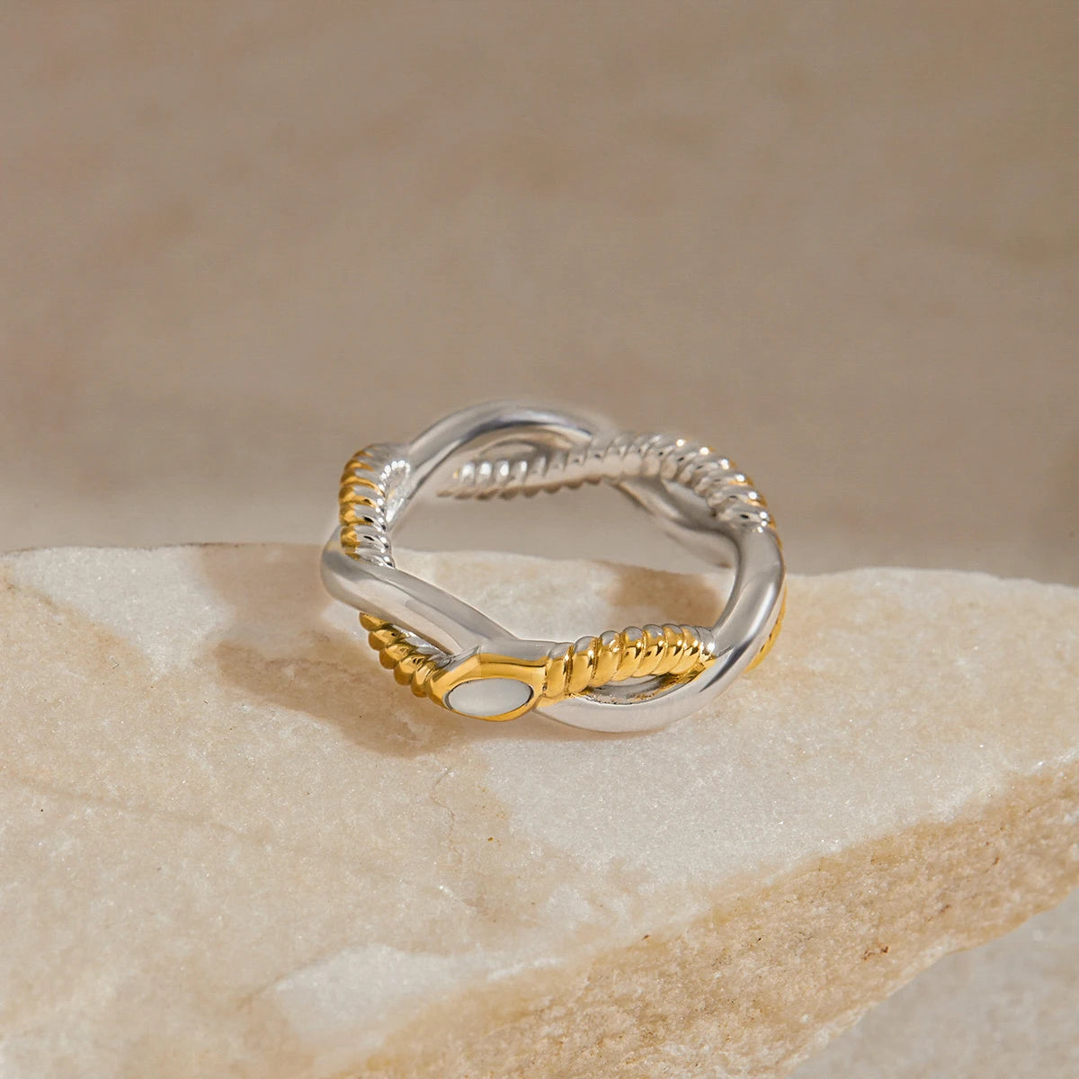 Chunky Two-Tone Twisted Knot Ring | 18K Gold Plated Stainless Steel Bicolor Statement Ring | Sculptural Modern Inlay Jewelry
