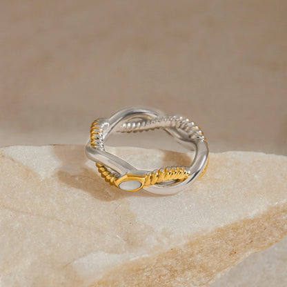 Chunky Two-Tone Twisted Knot Ring | 18K Gold Plated Stainless Steel Bicolor Statement Ring | Sculptural Modern Inlay Jewelry