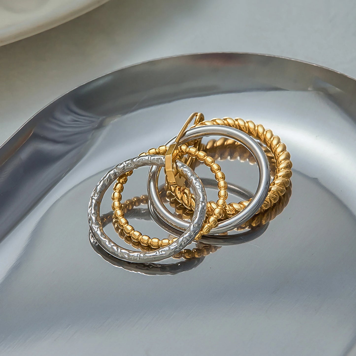 Edgy Safety Pin Stackable Ring Set | Mixed Metal Gold & Silver Tone Stainless Steel