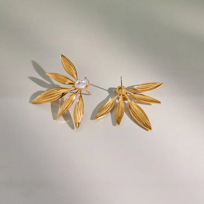 18K Gold Plated Leaf Stud Earrings for Women – Waterproof Tarnish Free Stainless Steel Crystal Jewellery