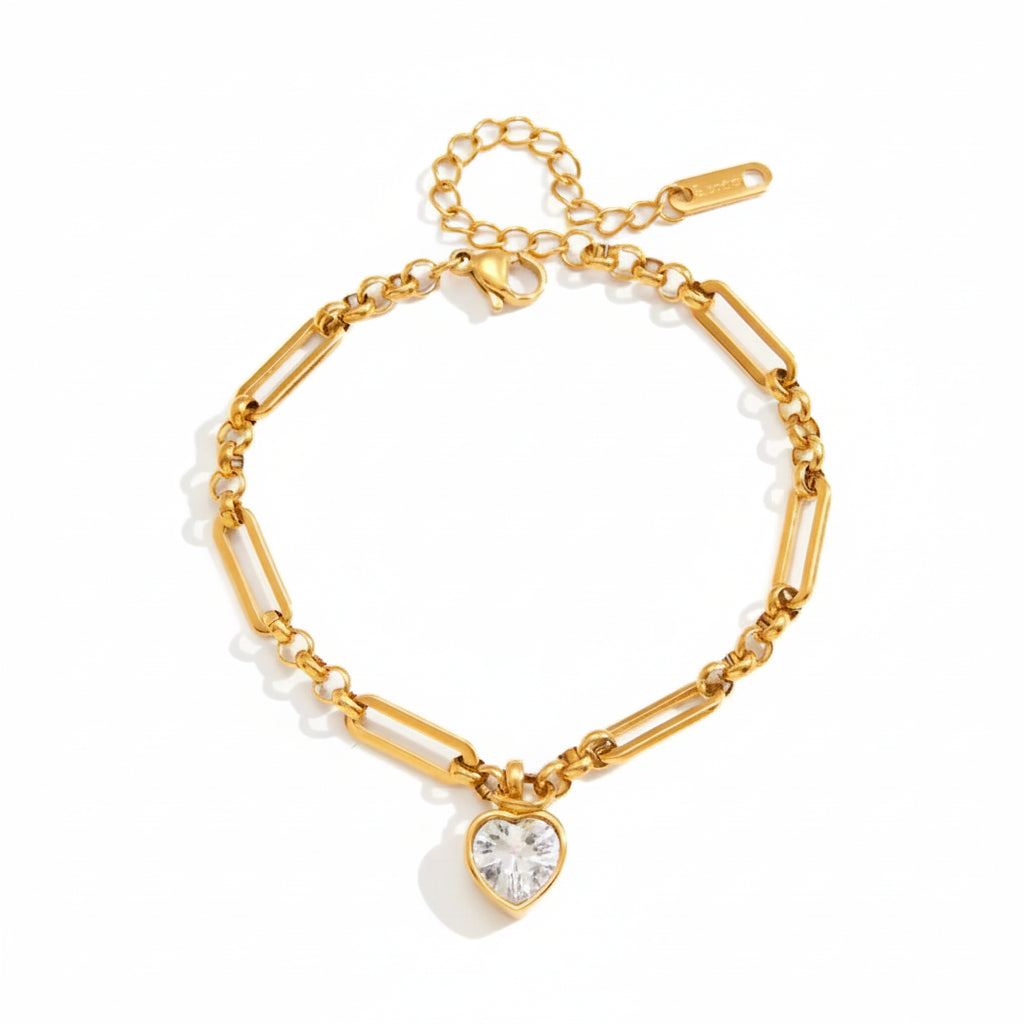 18K Gold Plated Paperclip Chain Bracelet with CZ Charm | Waterproof Mixed Link Chain Bracelet | Available in Heart, Round & Cushion Cut