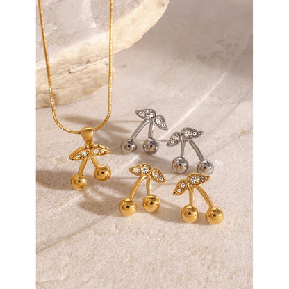 18K vergulde kersenketting & oorbellen set – waterdichte & aanslagvrije sieraden voor dames