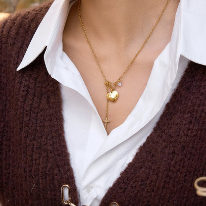18K Vergulde Hart & Kruis Lariat Y-Ketting | Waterdichte Opgezwollen Hart & Pavé Kruis Hanger Halsketting | Verfijnde Spirituele Gouden Ketting