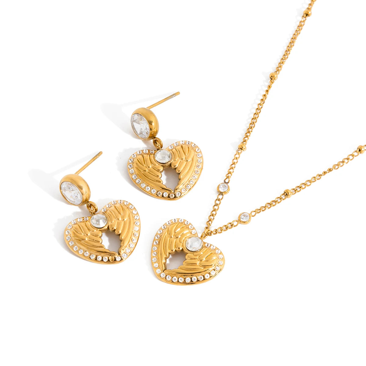 18K Gold-Plated Angel Wing Heart Necklace & Earrings Set | Romantic Jewelry Set