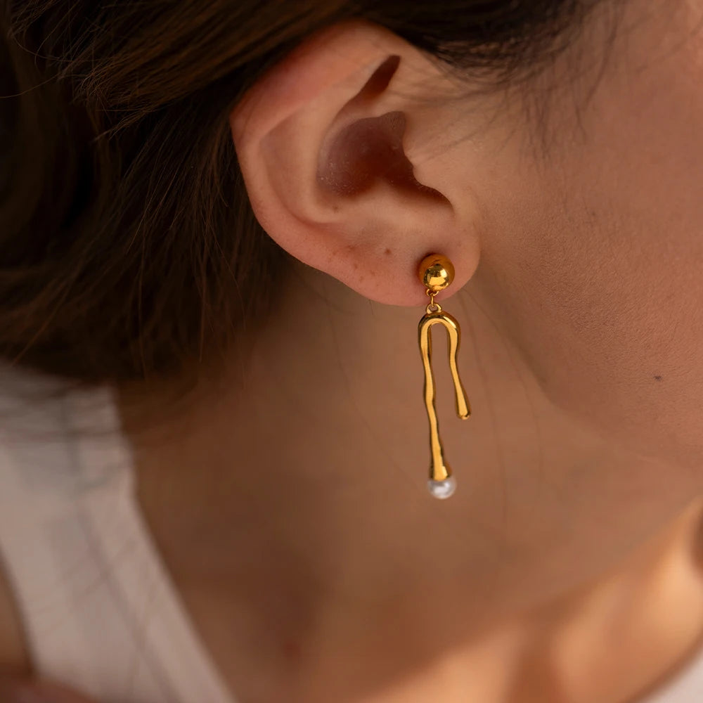 Abstract Pearl Drop Earrings for Women | 18K Gold Plated Waterproof Tarnish-Free Statement Earrings