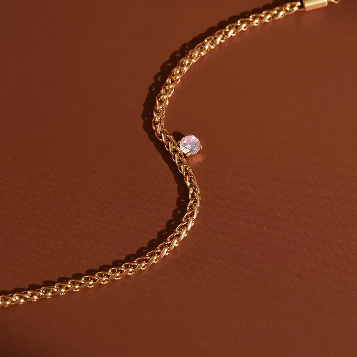 18K Gold Plated Wheat Chain Bracelet with Solitaire CZ | Waterproof Braided Rope Chain Bracelet | Dainty Diamond Style Gold Bracelet