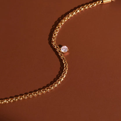 18K Gold Plated Wheat Chain Bracelet with Solitaire CZ | Waterproof Braided Rope Chain Bracelet | Dainty Diamond Style Gold Bracelet