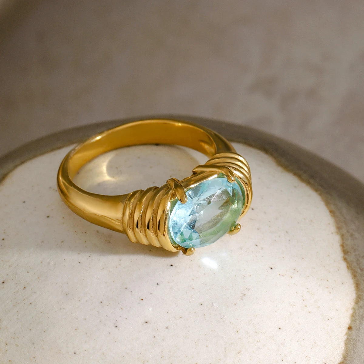 18K Gold Plated Oval Gemstone Ring – Waterproof, Tarnish-Free Statement Jewellery