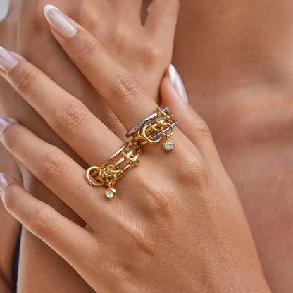 Multi-Band Dangle Charm Ring | Chunky Two-Tone or 18 K Gold Stackable Statement Ring | CZ Drop Waterproof Stainless Steel Jewelry