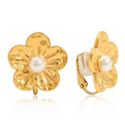 Gold Plated Flower Pearl Clip-On Earrings for Women – Waterproof Tarnish Free Stainless Steel Fashion Jewellery