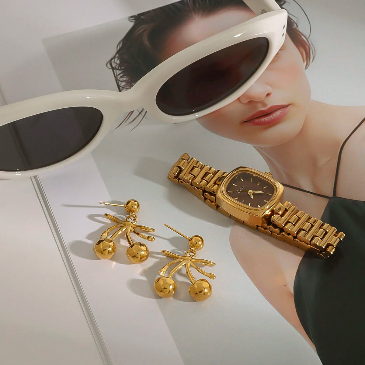 18K Gold Plated Bow Cherry Drop Earrings – Waterproof Tarnish-Free Statement Jewelry for Women