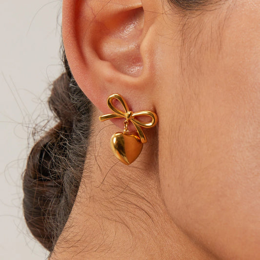 Bow Heart Drop Earrings for Women – Gold Plated Waterproof Tarnish Free Stainless Steel Fashion Jewellery