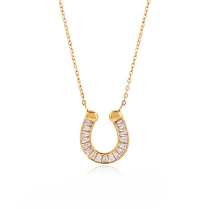 18K Verguld Gelukshoefijzer Baguette Zirkonia Ketting | Waterdichte Geluksbrenger Hanger Ketting | Diamantstijl Gouden Hoefijzer Ketting