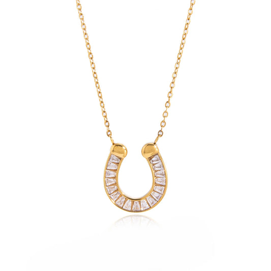 18K Verguld Gelukshoefijzer Baguette Zirkonia Ketting | Waterdichte Geluksbrenger Hanger Ketting | Diamantstijl Gouden Hoefijzer Ketting