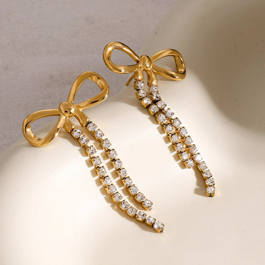 18K vergulde strik kristallen druppel oorbellen – Waterdicht aanslagvrij elegante statement sieraden voor dames