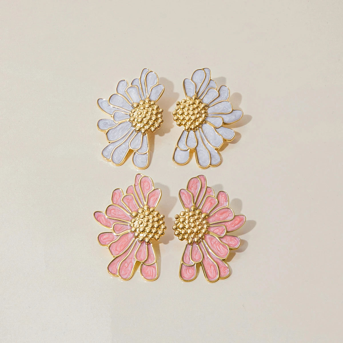 18K Gold Plated Floral Stud Earrings Set for Women – Waterproof Tarnish Free Stainless Steel Jewellery (Pink & White Variants)
