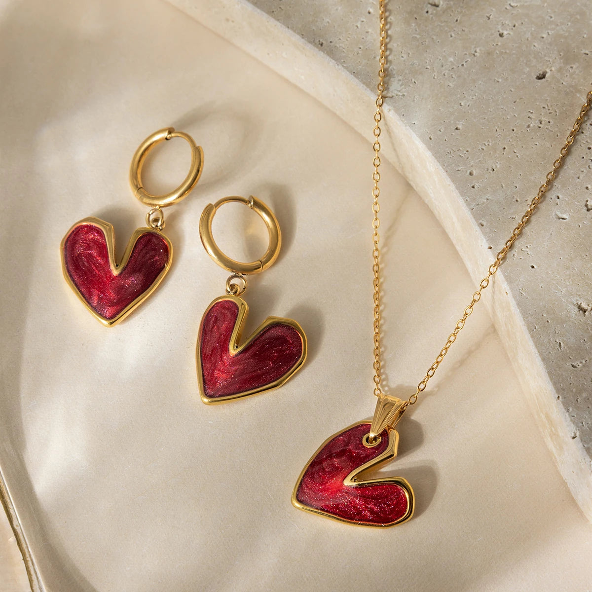 Premium 18K Gold Plated Red Heart Necklace & Hoop Earrings Set for Women – Waterproof & Tarnish-Free Jewellery & Jewelry
