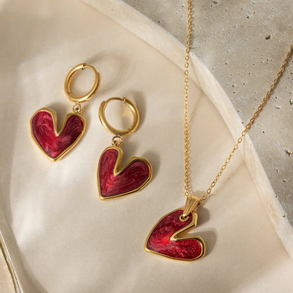 Premium 18K Gold Plated Red Heart Necklace & Hoop Earrings Set for Women – Waterproof & Tarnish-Free Jewellery & Jewelry