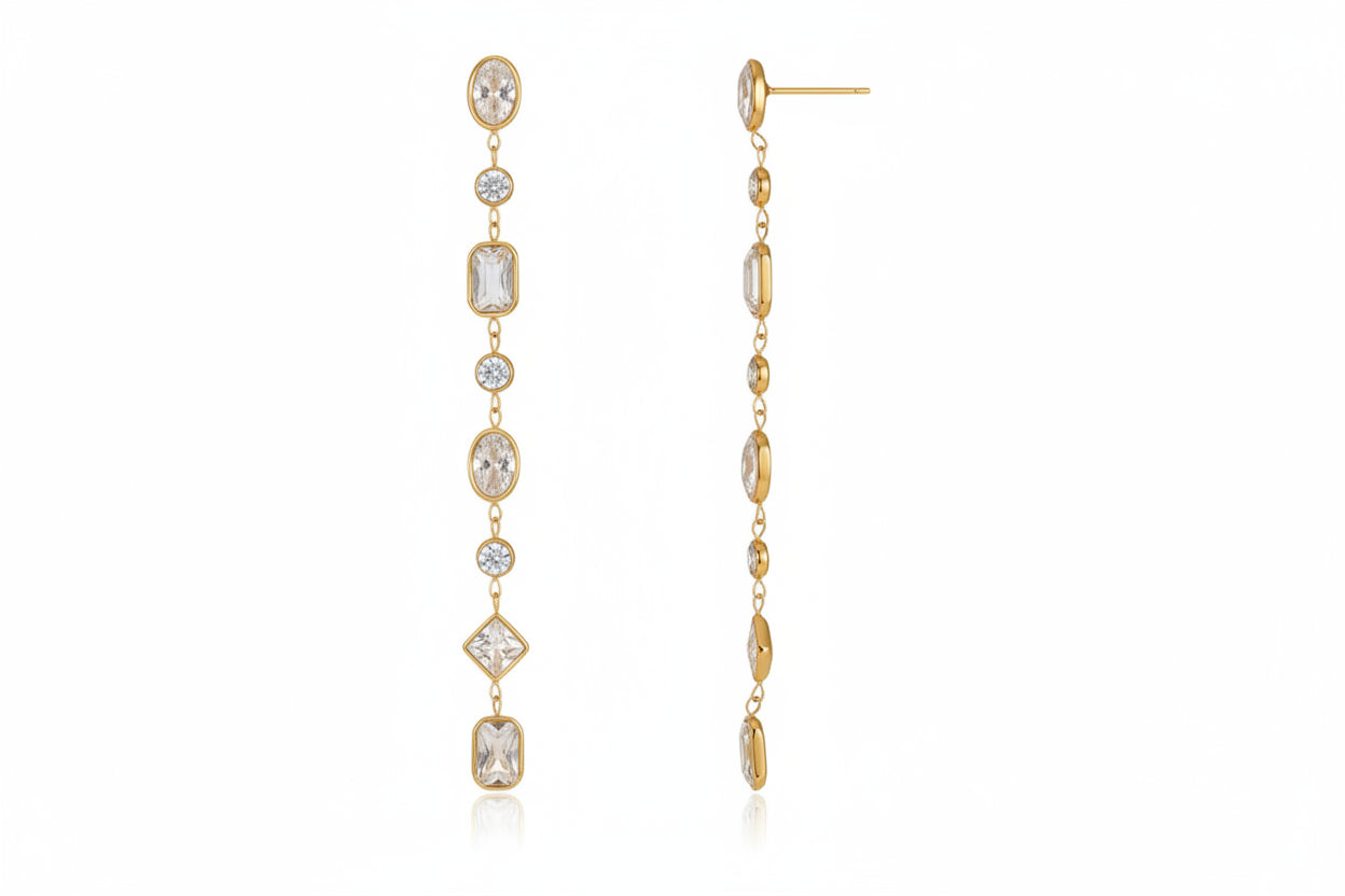 18K Gold Plated Rainbow Multi-Stone Long Drop Earrings | Waterproof Colourful Crystal Chain Dangle Earrings | Luxury Statement Earrings