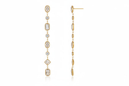 18K Gold Plated Rainbow Multi-Stone Long Drop Earrings | Waterproof Colourful Crystal Chain Dangle Earrings | Luxury Statement Earrings
