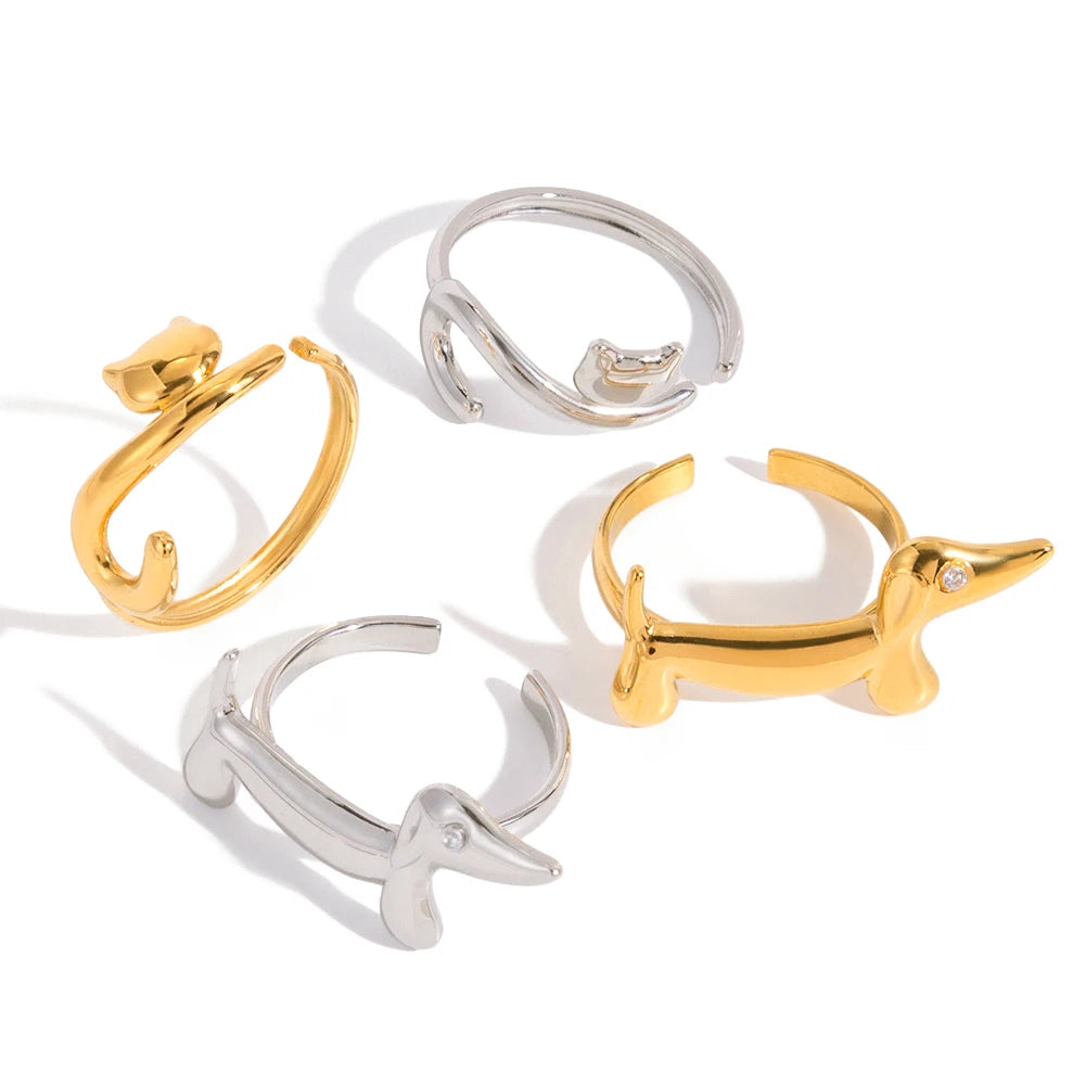 18K Gold-Plated Dog & Cat Adjustable Ring | Pet Lover Animal Open Ring for Men & Women