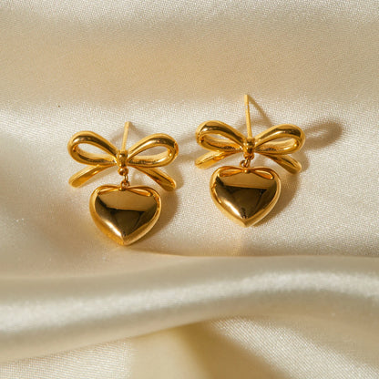 Bow Heart Drop Earrings for Women – Gold Plated Waterproof Tarnish Free Stainless Steel Fashion Jewellery