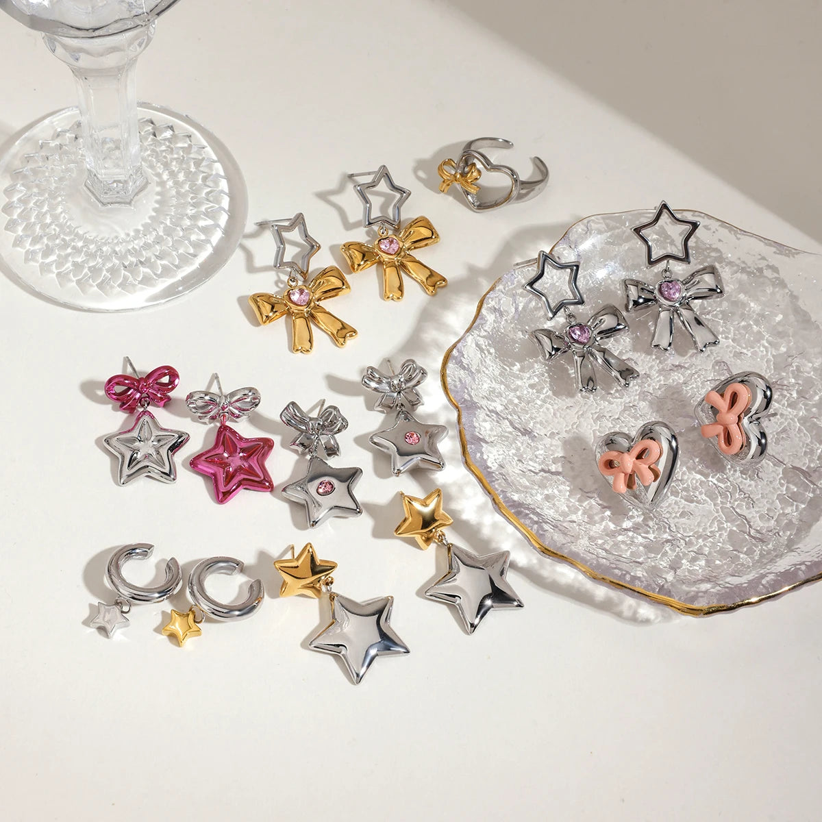 18K Vergulde Ster & Strik Oorbellen Set voor Dames – Waterdicht Roestvrijstalen Sieraden die niet verkleuren (Meerdere Ontwerpvarianten)