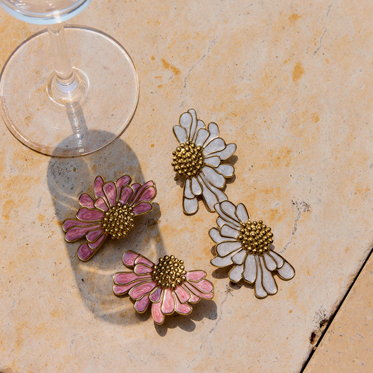 18K Gold Plated Floral Stud Earrings Set for Women – Waterproof Tarnish Free Stainless Steel Jewellery (Pink & White Variants)