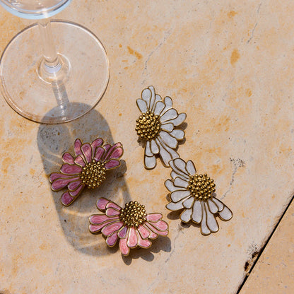 18K Gold Plated Floral Stud Earrings Set for Women – Waterproof Tarnish Free Stainless Steel Jewellery (Pink & White Variants)