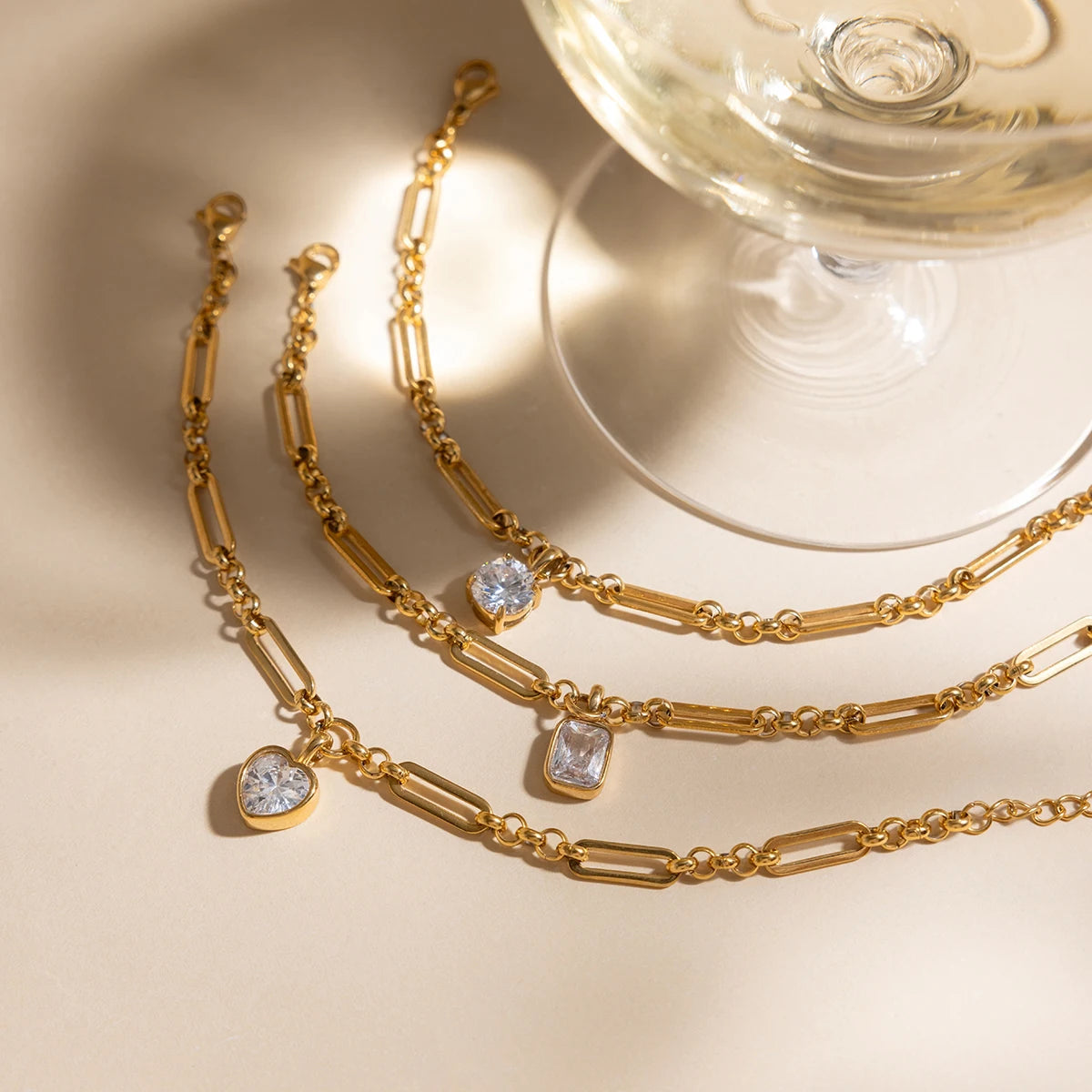 18K Gold Plated Paperclip Chain Bracelet with CZ Charm | Waterproof Mixed Link Chain Bracelet | Available in Heart, Round & Cushion Cut