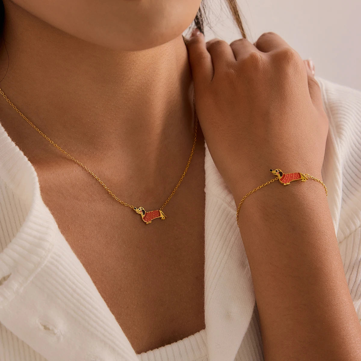 18K Gold Plated Enamel Dog Bracelet & Necklace Set for Women – Waterproof & Tarnish-Free Jewellery & Jewelry