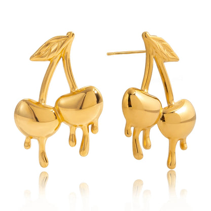 Dripping Cherry Stud Earrings for Women – 18K Gold Plated Waterproof Stainless Steel Cherry Earrings, Tarnish-Free Cute Fruit Jewelry