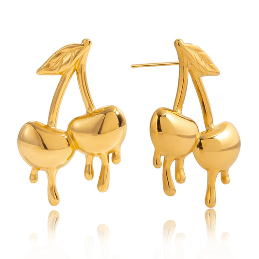 Dripping Cherry Stud Earrings for Women – 18K Gold Plated Waterproof Stainless Steel Cherry Earrings, Tarnish-Free Cute Fruit Jewelry
